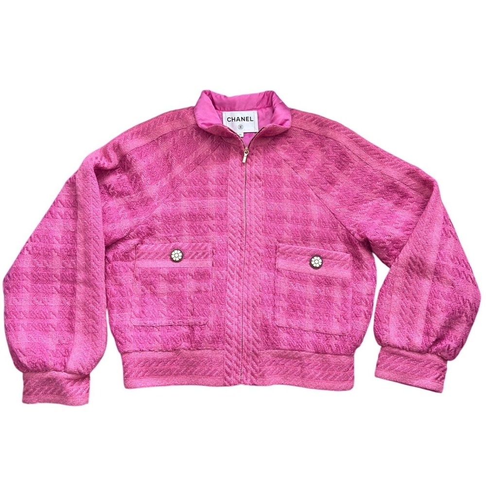 Chanel Pink Textured Tweed Bomber Jacket P62346V47894 Size 36 FR CC Logo Zip
